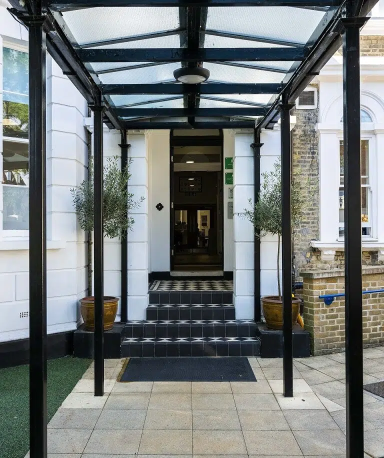 Entryway to a building with a glass canopy, black metal frame, tiled steps, and two potted olive trees flanking the doorway.