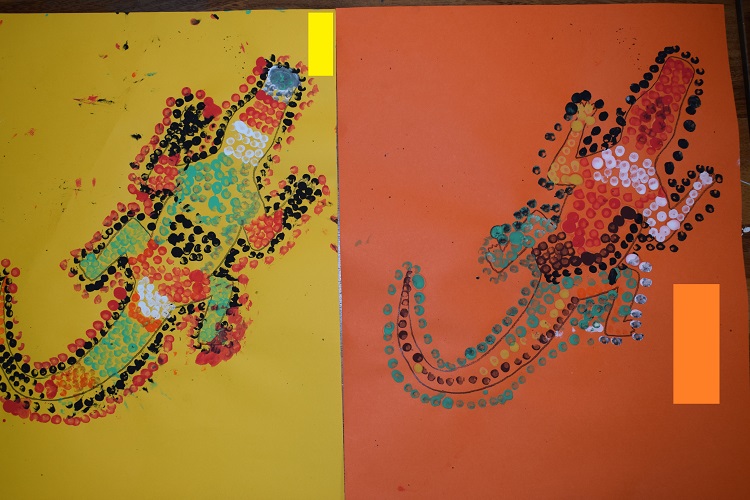 Crocodile finger paintings created by children at a London prep school