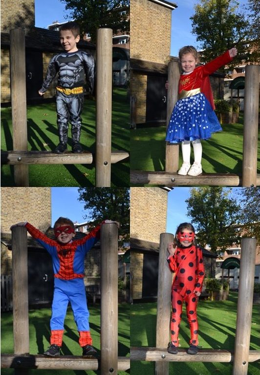 Child at a London prep school dressed up in superhero costumes