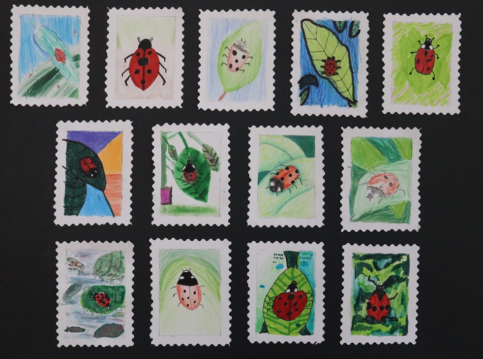 Drawings of ladybirds on stamps