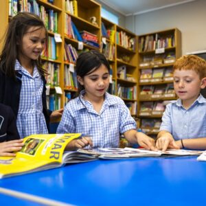 students reading through books in the library