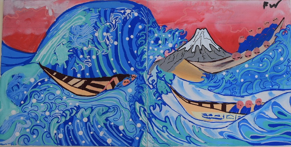a painting of waves and a mountain