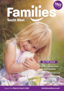 Young blonde girl hugs a white fluffy rabbit outdoors on a magazine cover, smiling warmly as sunlight bathes the scene (Families South West, issue details visible).